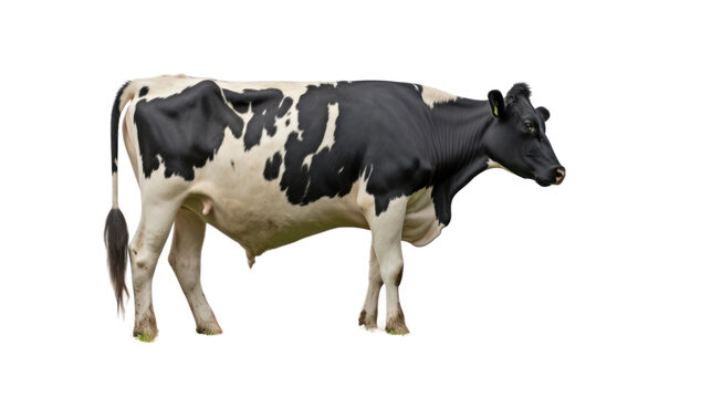 Cow white black bent eat on field in farm isolated on transparent and white background.PNG image.