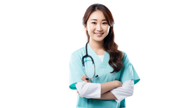 Portrait of a young nursing student standing smiling looking at the camera isolated on transparent and white background.PNG image.
