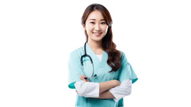 Portrait of a young nursing student standing smiling looking at the camera isolated on transparent and white background.PNG image.