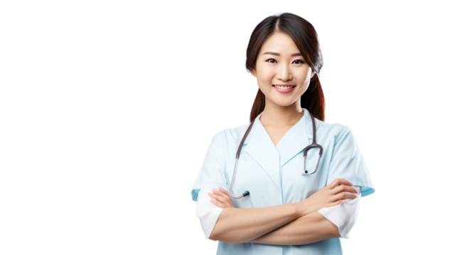 Portrait of a young nursing student standing smiling looking at the camera isolated on transparent and white background.PNG image.