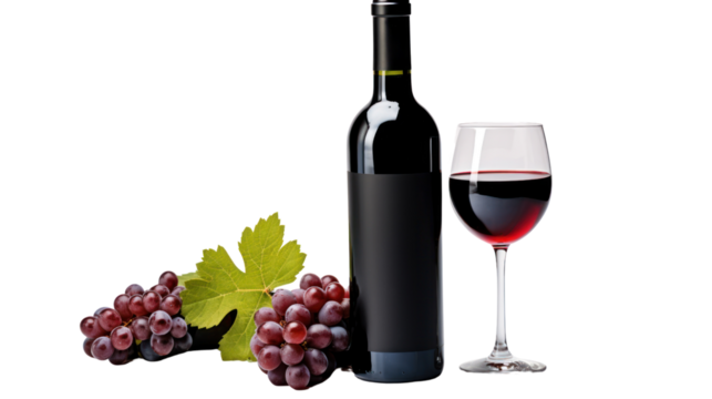 Red wine bottle with wine grapes on white background,