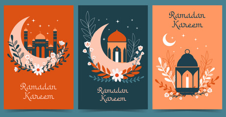 Ramadan kareem greeting card vector illustration set