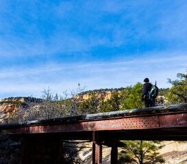 Female Hiker on Steel Bridge Over Jolley Gulch, The East Rim Trail, Zion National Park, Utah, USA