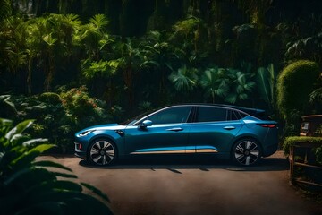 "Electric car parked in a serene garden setting"