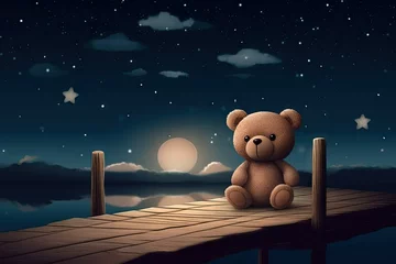 Poster sky night lake gre bridge wooden pier edge bear cute kawaii © akkash jpg