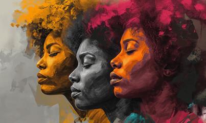 Artistic illustration of three African American women with colorful Afro hairstyles for Black History Month.
