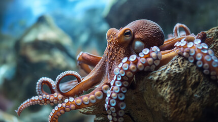 Octopus clinging to aquarium rocks.