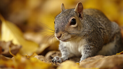 Naklejka na ściany i meble Squirrel amidst autumn leaves.