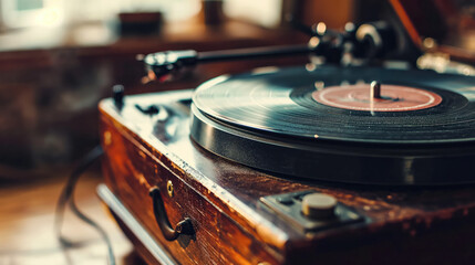 Vintage turntable playing a record.