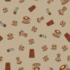 Seamless patterns with coffee, cup, beans, and grinder. coffee shop, restaurant, cafe, or bar backgrounds.