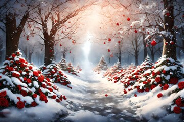 pumpkin in the snowy area with Christmas gifts and trees with lightning on the trees abstract events background  