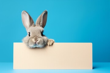Curious Grey Rabbit Over Beige Sign, Generative AI