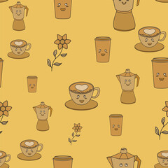 Seamless patterns with coffee, cup, beans, and grinder. coffee shop, restaurant, cafe, or bar backgrounds.