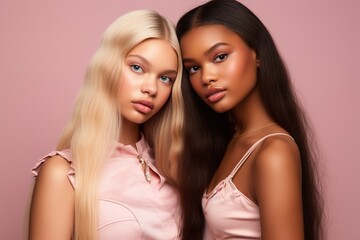 Fototapeta premium fashionable Two young multiracial women posing together isolated on pink background