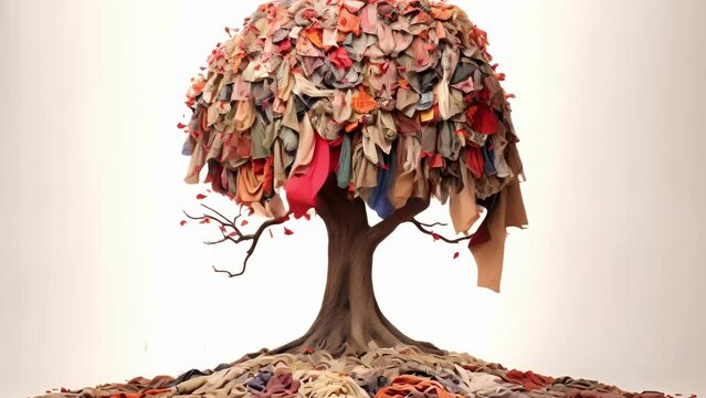 An ilration of a tree made of recycled fabric ss with the message Fashion with a conscience sustainable and stylish. .