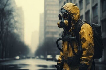 Man in a yellow protective suit gas mask, protects from harmful gas pollution, apocalypse background - obrazy, fototapety, plakaty