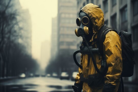 Man in a yellow protective suit gas mask, protects from harmful gas pollution, apocalypse background