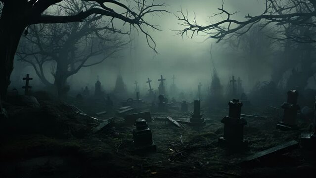 Dark foreboding trees tower around an eerie fogshrouded graveyard the eerie sound of a distant poltergeist calling out in the dead silence.