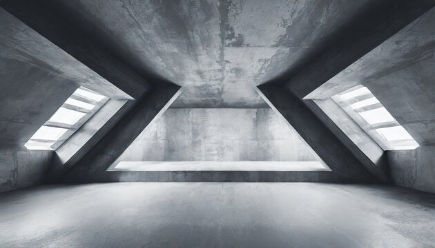 A dark grey cement futuristic minimalist interior building. 