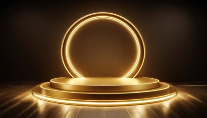 A gold color neon light of the podium at dark background for product display.