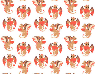 Valentines Dragon Seamless Pattern with a cup of cappuccino and heart on white background. Vector illustration in flat cartoon style. Nursery print for kids apparel, fabric, wrapping paper, wallpaper