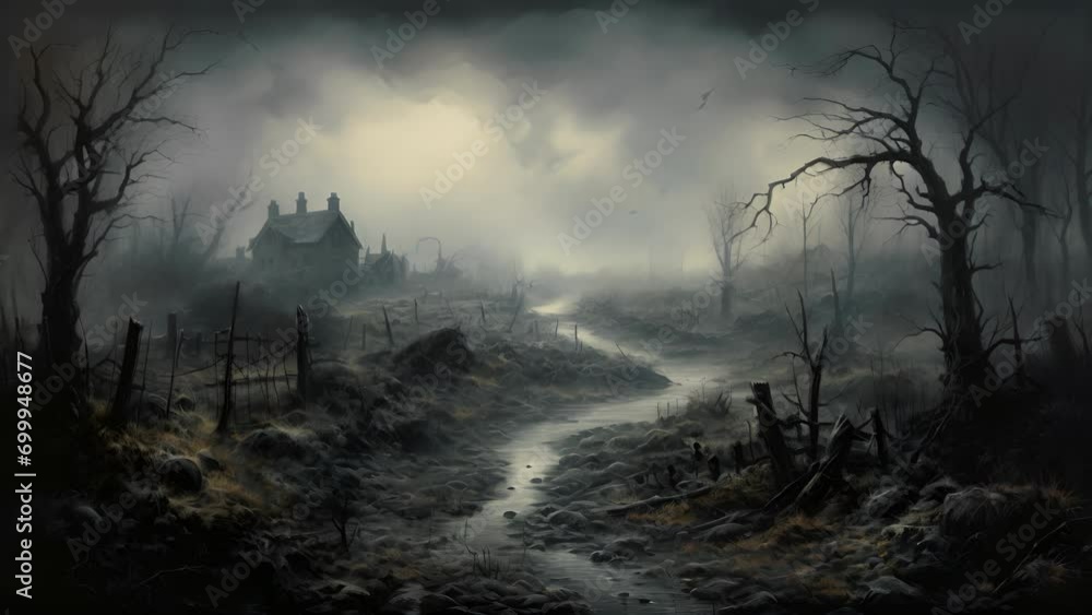 Poster a dense fog hovering just above the ground creating a dull eerie atmosphere.