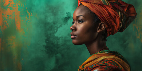 Portrait of a young African woman in a colorful headdress against a green backdrop, symbolizing cultural remembrance and celebration.