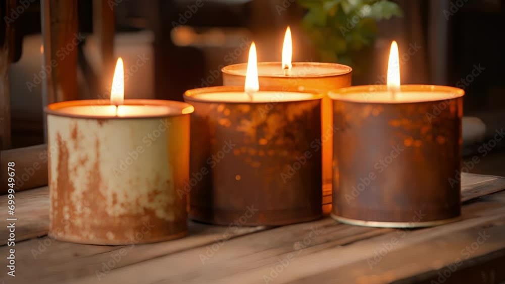 Poster a set of rusted tin candles with handwritten labels and rough edges, reminiscent of simpler times an