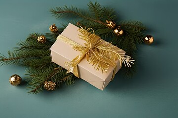 Fototapeta na wymiar wintertime holiday christmas branches fir golden tag blank box Present