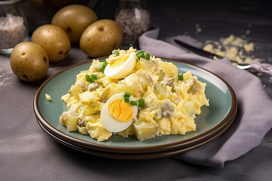 mayonnaise cucumber eggs food party german traditional plate salad Potato