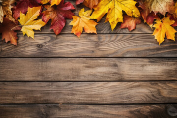 Naklejka na ściany i meble Red vintage autumnal yellow wooden background seasonal nature maple fall brown leaf
