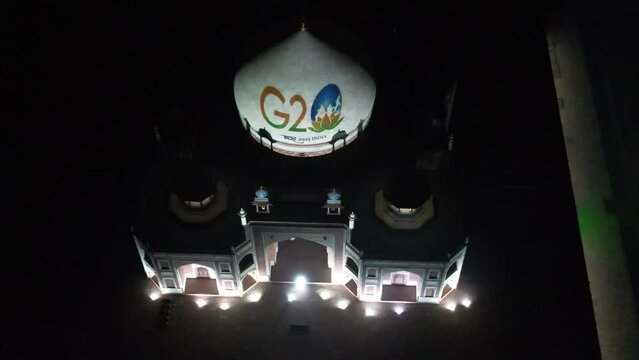 An Aerial Shot of Humayun's Tomb with G20 Logo in New Delhi India
