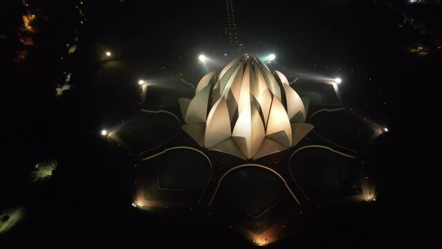 A Night Aerial shot of Lotus Temple,  a Buddhist temple pagoda in New Delhi,India

