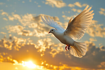 White dove flies into the sunset sky