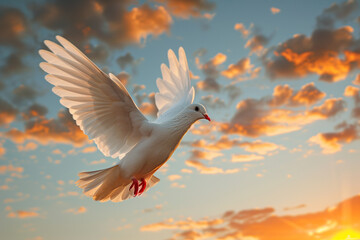 White dove flies into the sunset sky