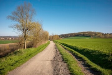Fototapeta na wymiar spring sky blue Germany landscape road field agricultural countryside Path