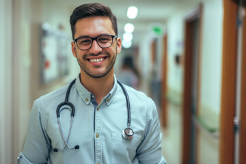 young smiling male doctor with a statoscope on his neck in a hospital corridor