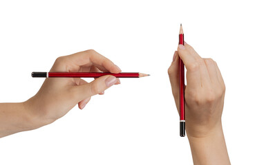 Hand holding simple pencil, drawing, sketching, writing, top and side view, isolated on white