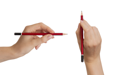 Hand holding simple pencil, drawing, sketching, writing, top and side view, isolated on white