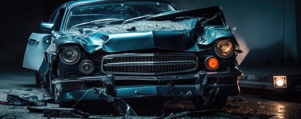 Fototapeta premium Front of black car get damaged by accident on the road