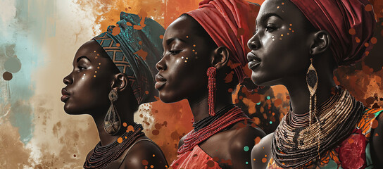 Digital illustration of a tribe of African women symbolizing cultural heritage and empowerment, suitable for Black History Month and BLM concepts. - obrazy, fototapety, plakaty