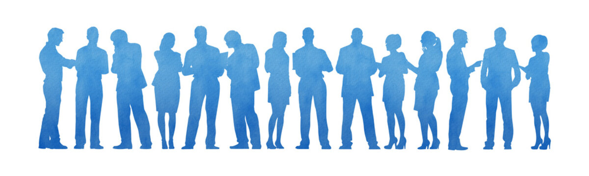 Watercolor silhouettes group of standing business people isolated on transparent background.
