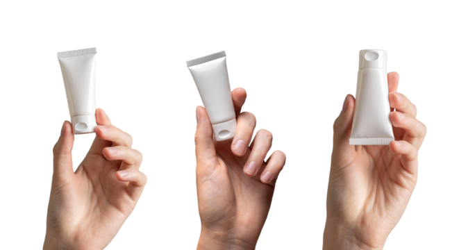 Cosmetic cream tubes in hands set. Beauty product packages mock ups, packs isolated on white