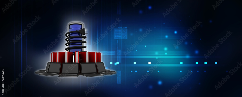 Aufkleber 3d rendering technology computer network around book near optical cable connected battery