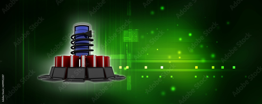 Poster 3d rendering technology computer network around book near optical cable connected battery