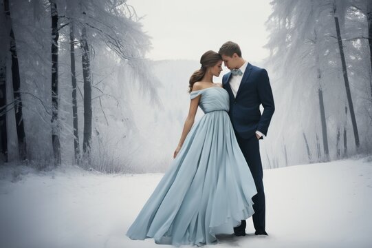 Ethereal Winter Romance: A Couple's Tender Moment in a Snowy Forest
