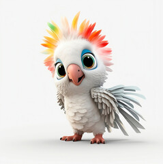 3D cute white parrot smiling. 3D children's illustration for sticker print and design.