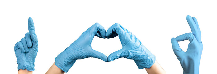 Medical hands gesturing set. Finger pointing up, showing OK, making heart, set isolated on white
