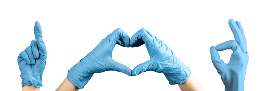 Medical hands gesturing set. Finger pointing up, showing OK, making heart, set isolated on white