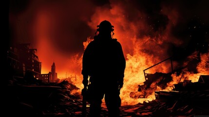 Obraz premium Illustration of a firefighter coming out of the fire smoke